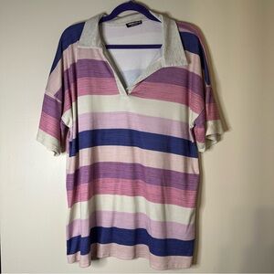 Heimish - Stripe Short Sleeve Split V Neck Polo Top - 1x